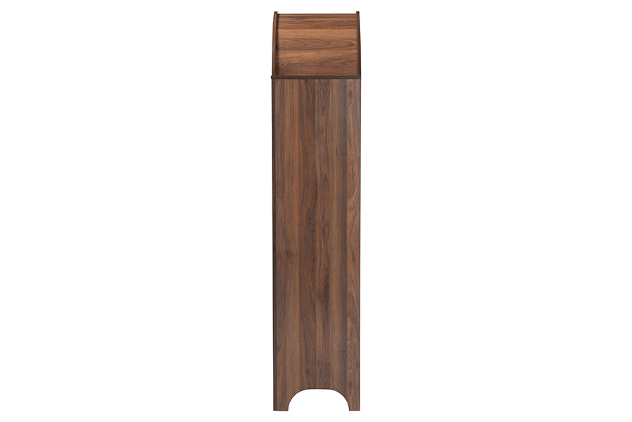 Side view of a tall wooden cabinet with a natural walnut finish from FredCo International