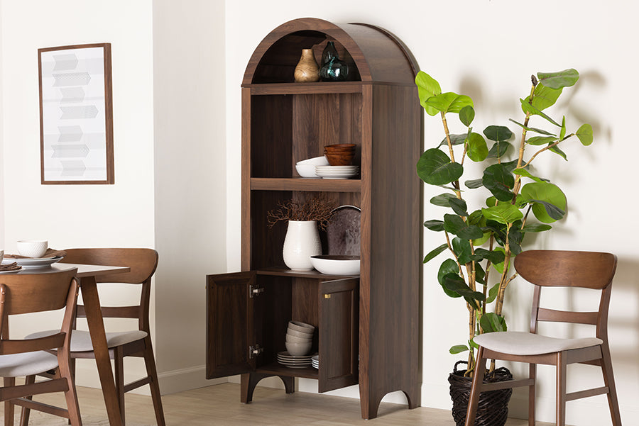 Modern wood corner cabinet with shelves, home decor, and dining room furniture set