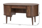 Mid-century modern wood desk with storage, brass handles, and dimensions shown