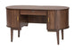 Mid-century modern wooden desk with curved edges, gold handles, and storage drawers