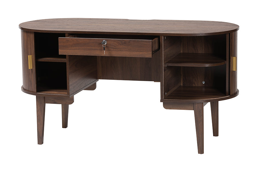 Mid-century modern oval wooden desk with storage shelves and locking drawer, FredCo International