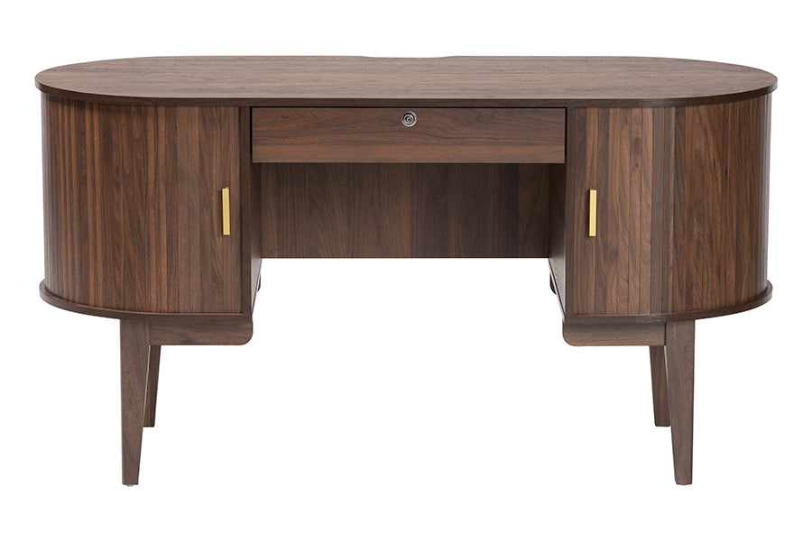 Mid-century modern wooden desk with brass handles and central lockable drawer, FredCo International furniture