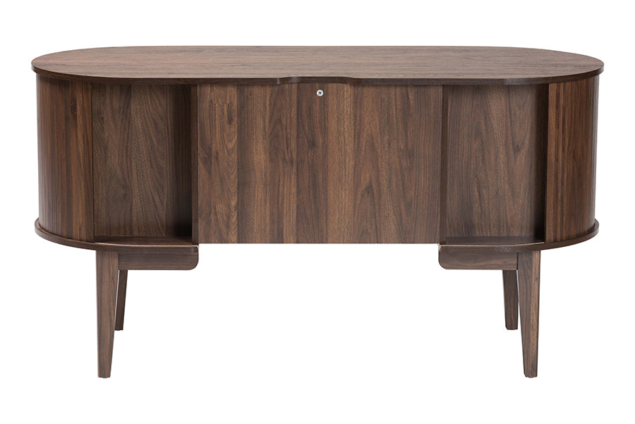 Mid-century modern walnut wood desk with rounded edges and tapered legs, FredCo International furniture