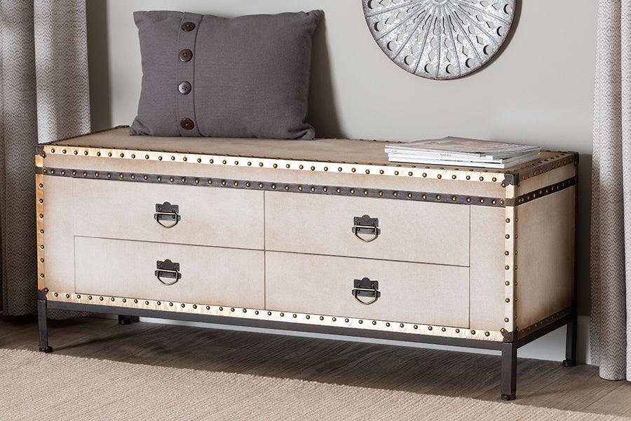 Baxton Studio Heaton Vintage Weathered White Canvas 4-Drawer Storage Bench FredCo