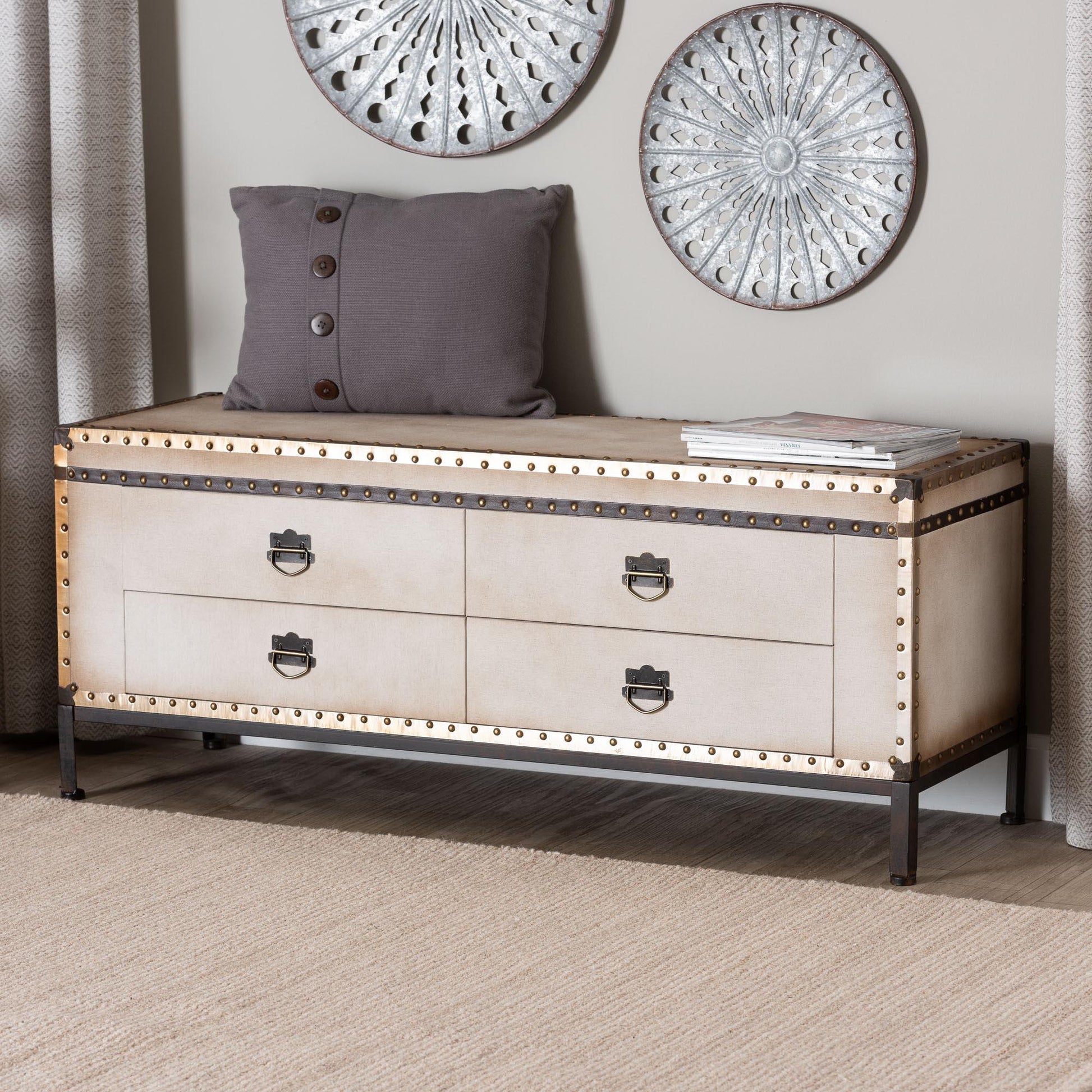 Baxton Studio Heaton Vintage Weathered White Canvas 4-Drawer Storage Bench FredCo