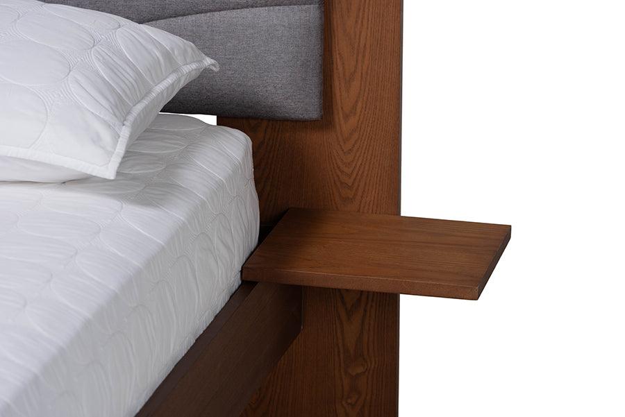 Baxton Studio Hemera Mid-Century Modern Grey Fabric and Walnut Brown Wood King Size Platform Bed With Floating Side Table FredCo