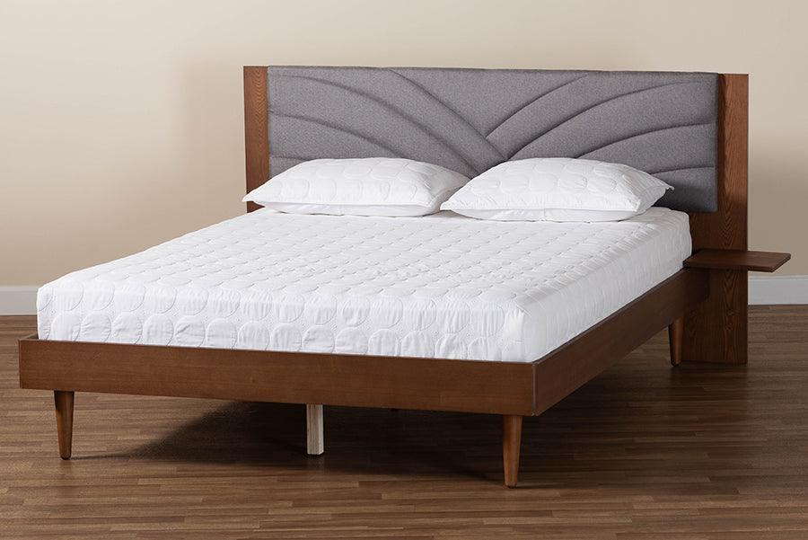 Baxton Studio Hemera Mid-Century Modern Grey Fabric and Walnut Brown Wood King Size Platform Bed With Floating Side Table FredCo