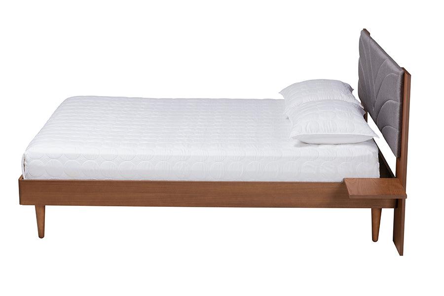 Baxton Studio Hemera Mid-Century Modern Grey Fabric and Walnut Brown Wood King Size Platform Bed With Floating Side Table FredCo
