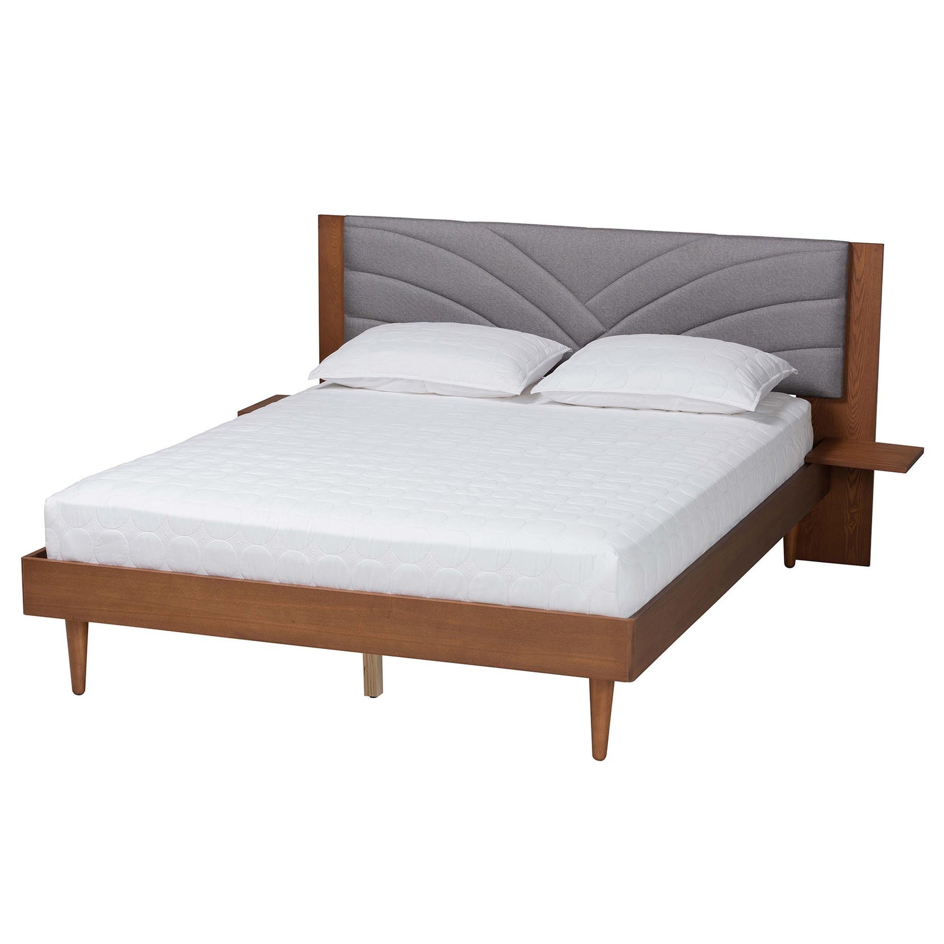Baxton Studio Hemera Mid-Century Modern Grey Fabric and Walnut Brown Wood Queen Size Platform Bed With Floating Side Table FredCo