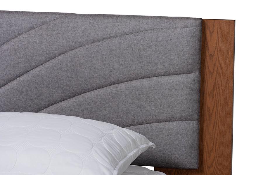 Baxton Studio Hemera Mid-Century Modern Grey Fabric and Walnut Brown Wood Queen Size Platform Bed With Floating Side Table FredCo
