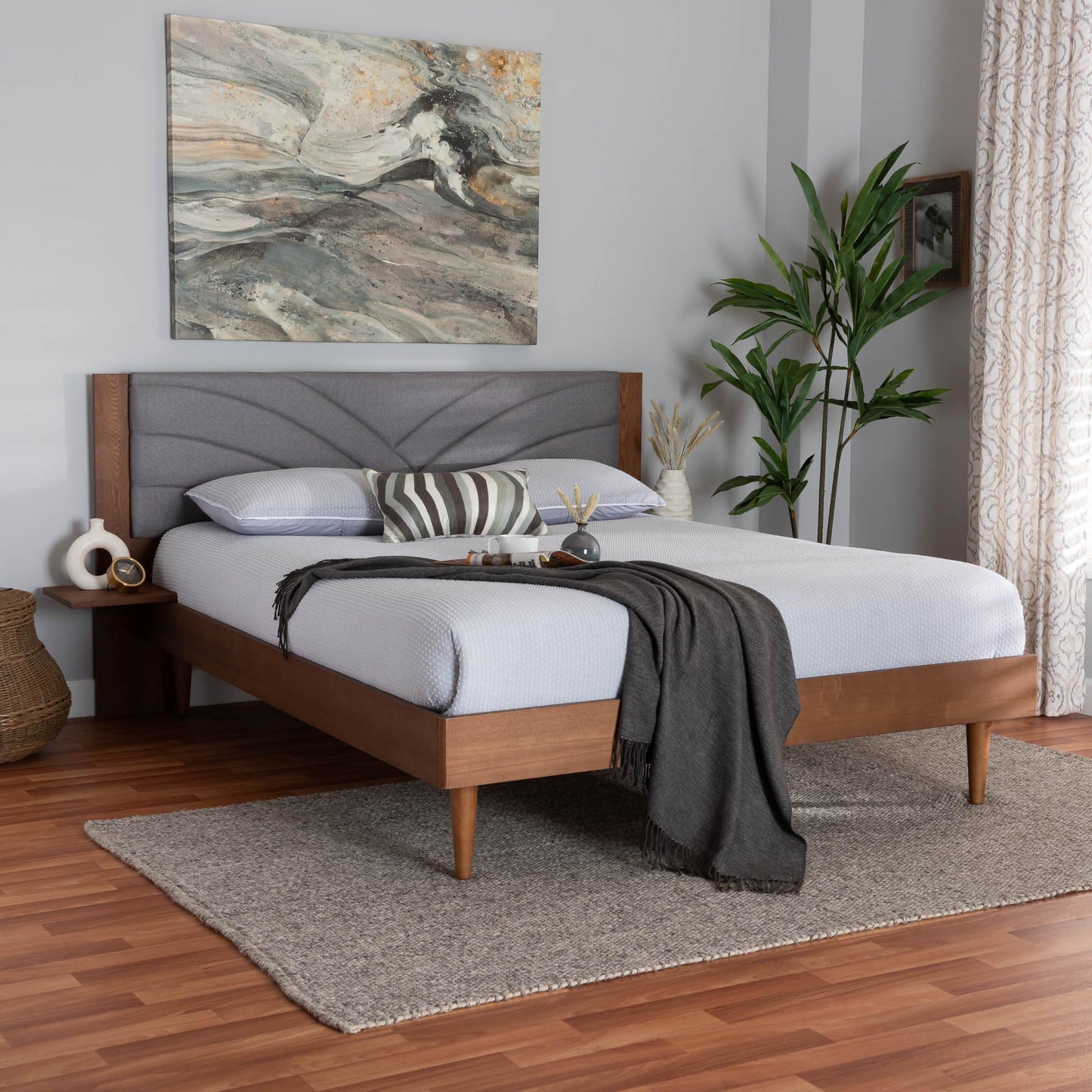 Baxton Studio Hemera Mid-Century Modern Grey Fabric and Walnut Brown Wood Queen Size Platform Bed With Floating Side Table FredCo