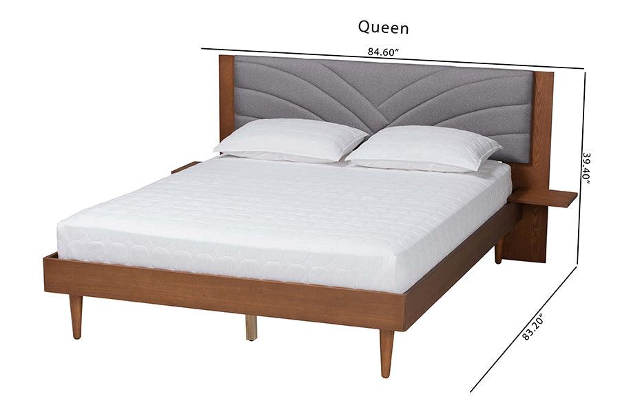 Baxton Studio Hemera Mid-Century Modern Grey Fabric and Walnut Brown Wood Queen Size Platform Bed With Floating Side Table FredCo