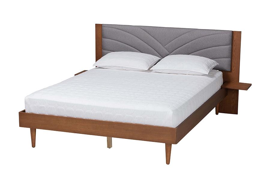 Baxton Studio Hemera Mid-Century Modern Grey Fabric and Walnut Brown Wood Queen Size Platform Bed With Floating Side Table FredCo
