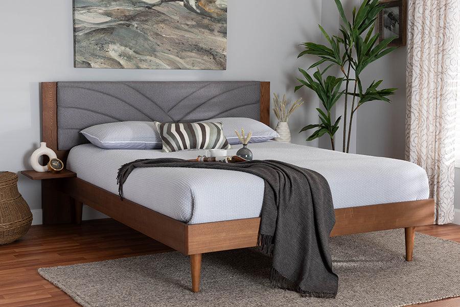 Baxton Studio Hemera Mid-Century Modern Grey Fabric and Walnut Brown Wood Queen Size Platform Bed With Floating Side Table FredCo