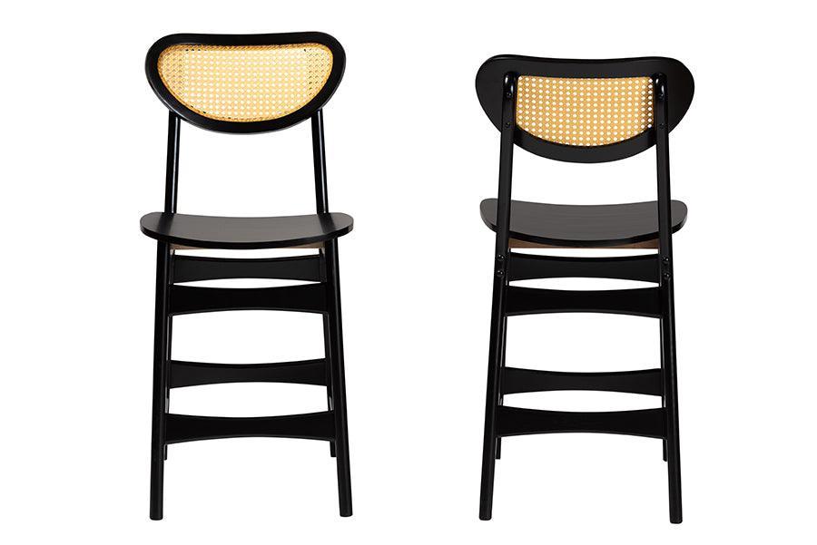 Baxton Studio Hesper Mid-Century Modern Dark Brown Finished Wood and Rattan 2-Piece Counter Stool Set FredCo