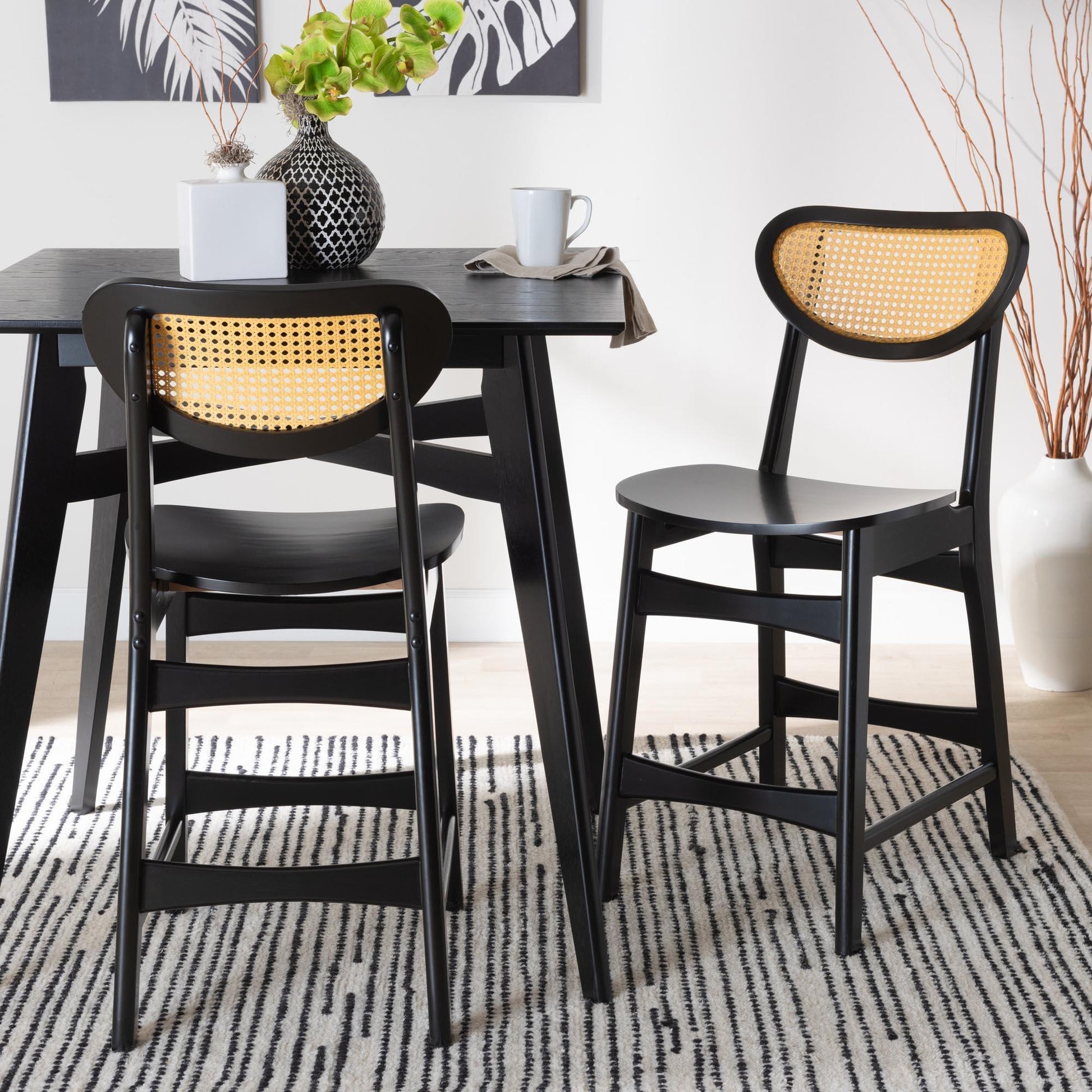Baxton Studio Hesper Mid-Century Modern Dark Brown Finished Wood and Rattan 2-Piece Counter Stool Set FredCo