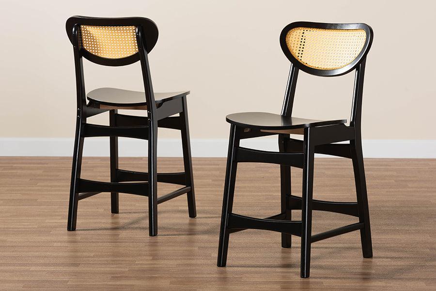 Baxton Studio Hesper Mid-Century Modern Dark Brown Finished Wood and Rattan 2-Piece Counter Stool Set FredCo