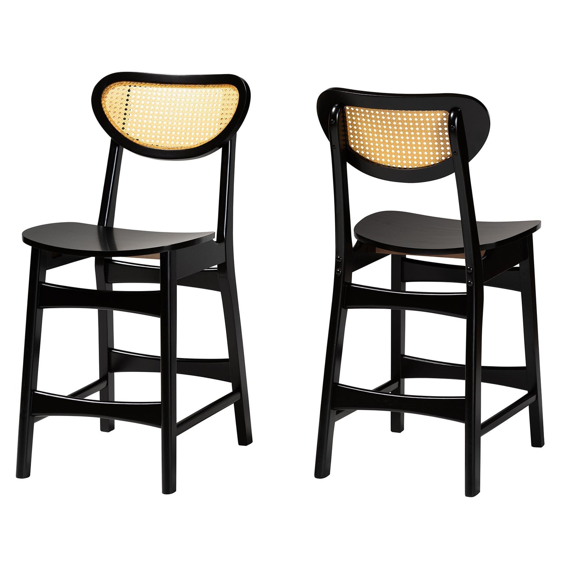 Baxton Studio Hesper Mid-Century Modern Dark Brown Finished Wood and Rattan 2-Piece Counter Stool Set FredCo