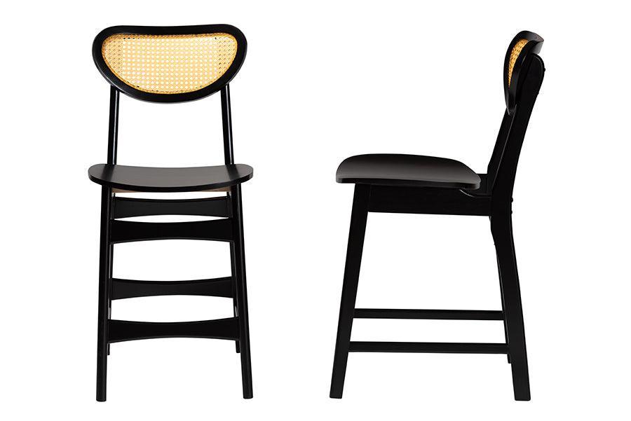 Baxton Studio Hesper Mid-Century Modern Dark Brown Finished Wood and Rattan 2-Piece Counter Stool Set FredCo