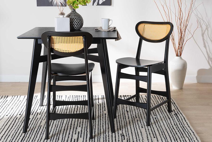Baxton Studio Hesper Mid-Century Modern Dark Brown Finished Wood and Rattan 2-Piece Counter Stool Set FredCo