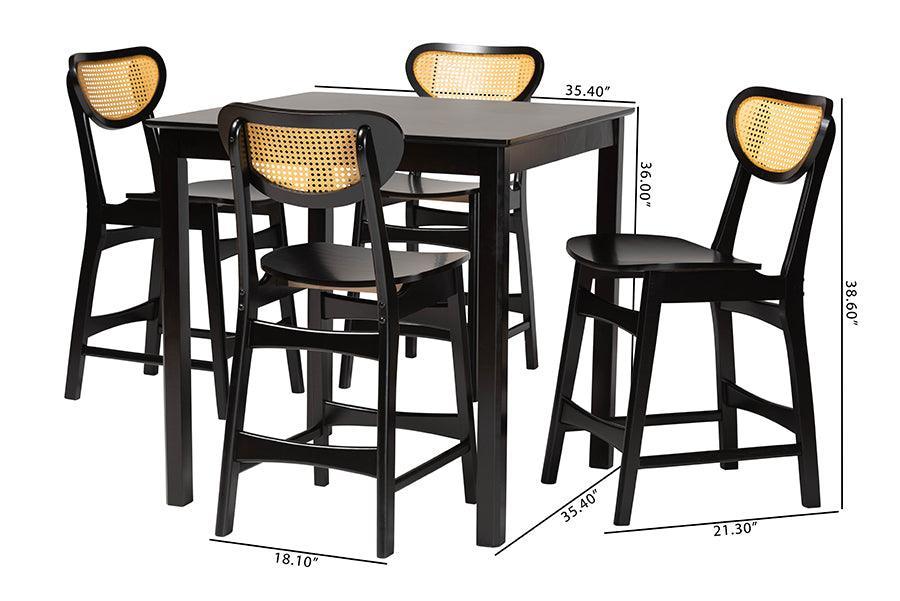 Baxton Studio Hesper Mid-Century Modern Dark Brown Finished Wood and Rattan 5-Piece Pub Set FredCo