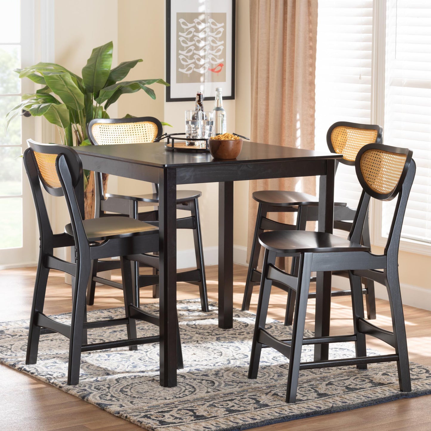 Baxton Studio Hesper Mid-Century Modern Dark Brown Finished Wood and Rattan 5-Piece Pub Set FredCo