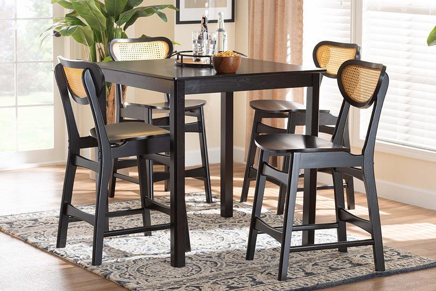 Baxton Studio Hesper Mid-Century Modern Dark Brown Finished Wood and Rattan 5-Piece Pub Set FredCo