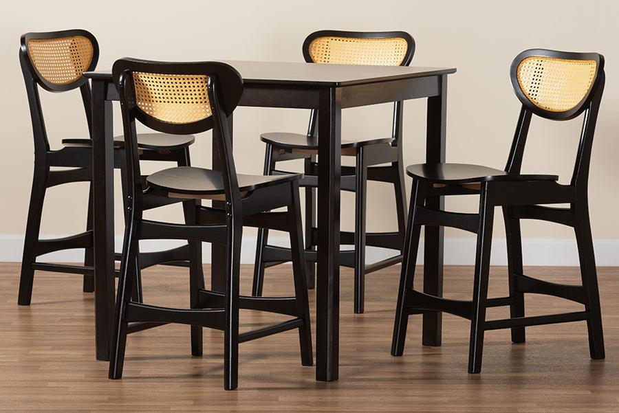 Baxton Studio Hesper Mid-Century Modern Dark Brown Finished Wood and Rattan 5-Piece Pub Set FredCo