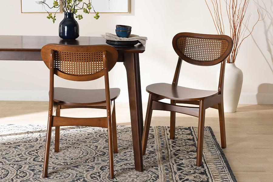 Baxton Studio Hesper Mid-Century Modern Walnut Brown Finished Wood and Rattan 2-Piece Dining Chair Set FredCo