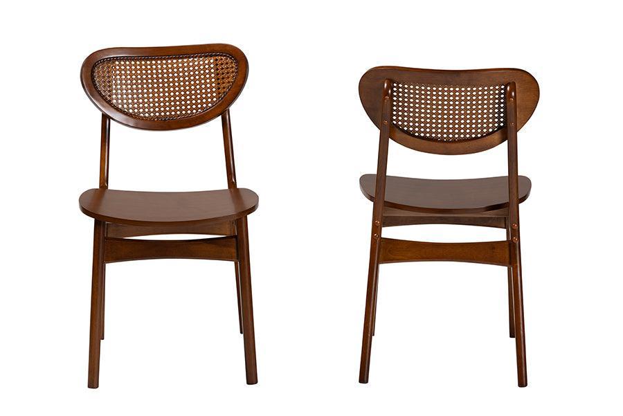 Baxton Studio Hesper Mid-Century Modern Walnut Brown Finished Wood and Rattan 2-Piece Dining Chair Set FredCo