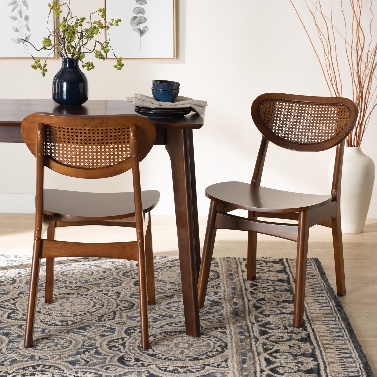 Baxton Studio Hesper Mid-Century Modern Walnut Brown Finished Wood and Rattan 2-Piece Dining Chair Set FredCo