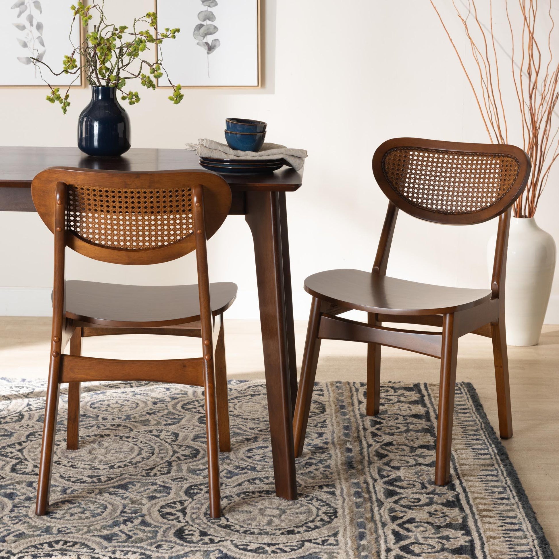 Baxton Studio Hesper Mid-Century Modern Walnut Brown Finished Wood and Rattan 2-Piece Dining Chair Set FredCo