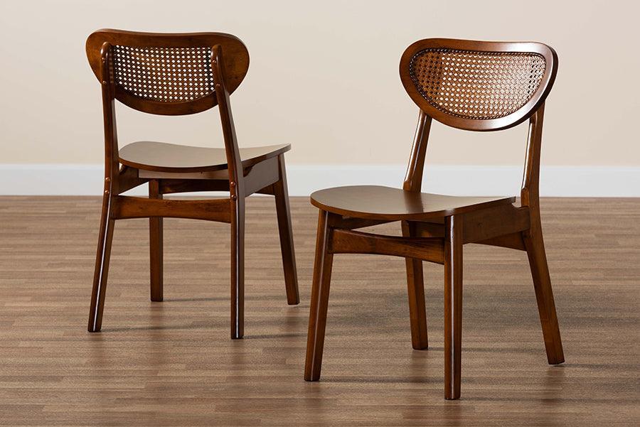 Baxton Studio Hesper Mid-Century Modern Walnut Brown Finished Wood and Rattan 2-Piece Dining Chair Set FredCo