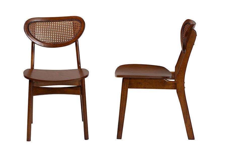 Baxton Studio Hesper Mid-Century Modern Walnut Brown Finished Wood and Rattan 2-Piece Dining Chair Set FredCo