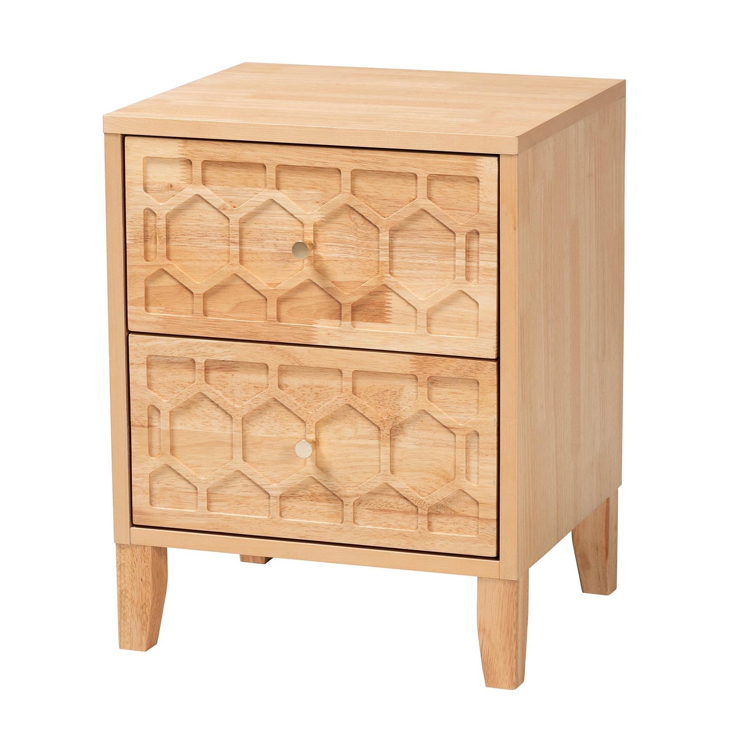 Baxton Studio Hosea Japandi Carved Honeycomb Natural 2-Drawer Nightstand FredCo