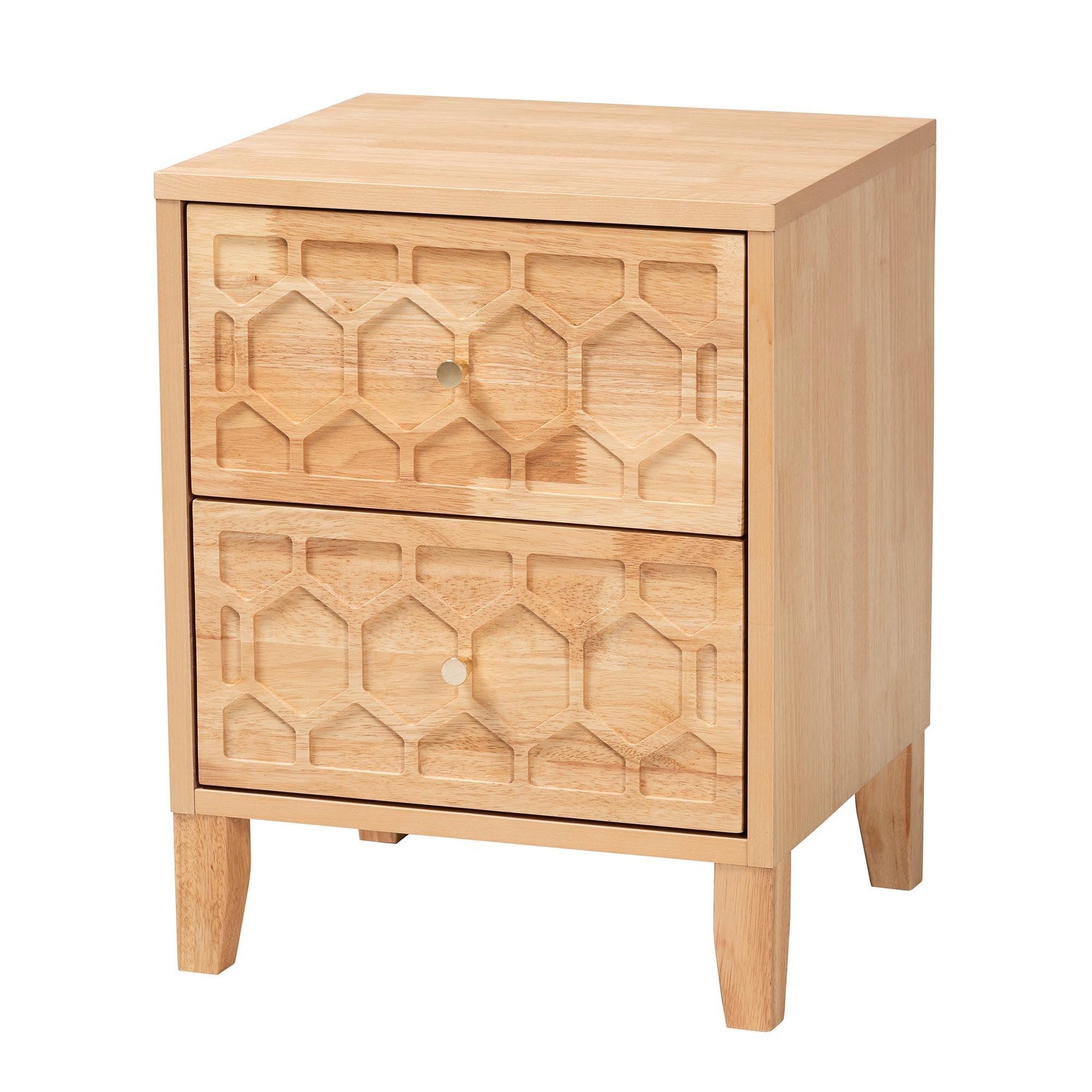 Baxton Studio Hosea Japandi Carved Honeycomb Natural 2-Drawer Nightstand FredCo