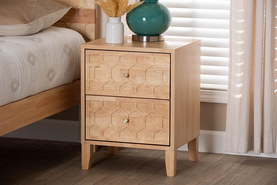 Baxton Studio Hosea Japandi Carved Honeycomb Natural 2-Drawer Nightstand FredCo
