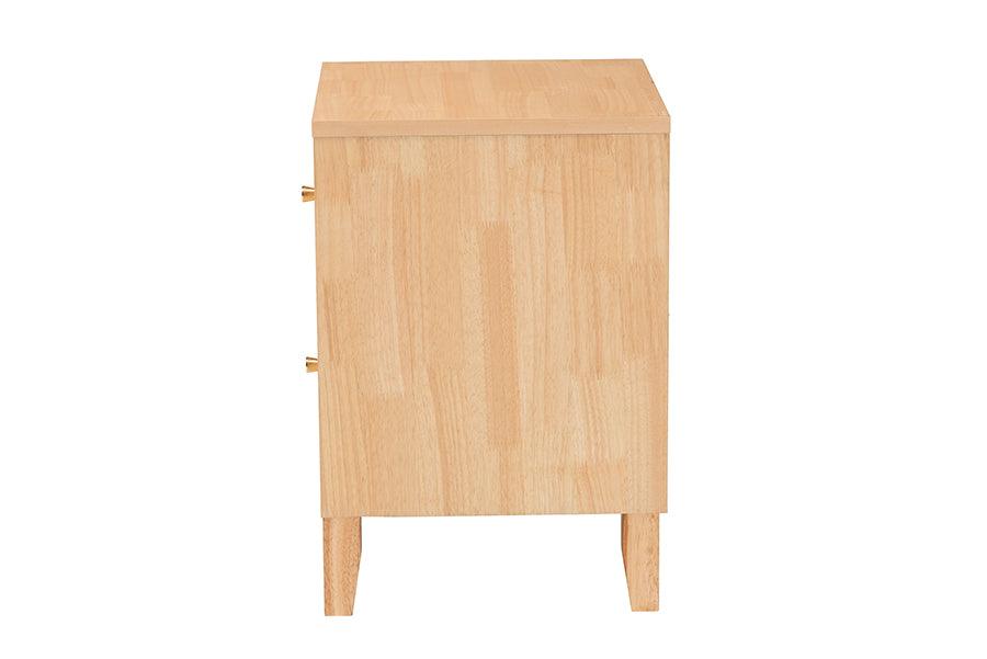 Baxton Studio Hosea Japandi Carved Honeycomb Natural 2-Drawer Nightstand FredCo