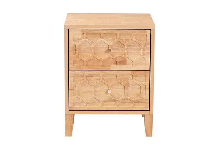 Baxton Studio Hosea Japandi Carved Honeycomb Natural 2-Drawer Nightstand FredCo