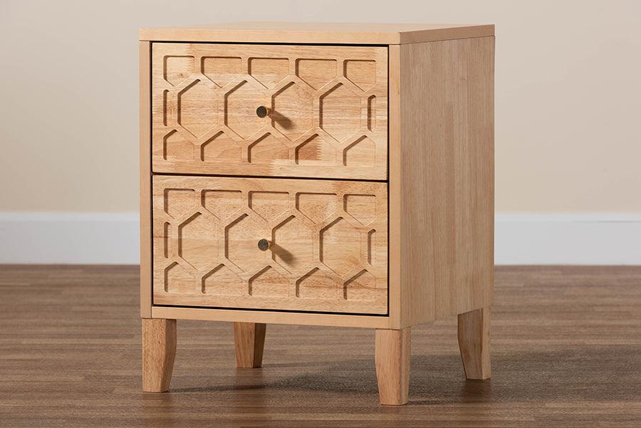 Baxton Studio Hosea Japandi Carved Honeycomb Natural 2-Drawer Nightstand FredCo