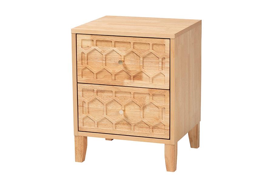 Baxton Studio Hosea Japandi Carved Honeycomb Natural 2-Drawer Nightstand FredCo