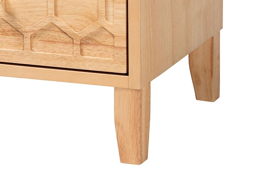 Baxton Studio Hosea Japandi Carved Honeycomb Natural 2-Drawer Nightstand FredCo
