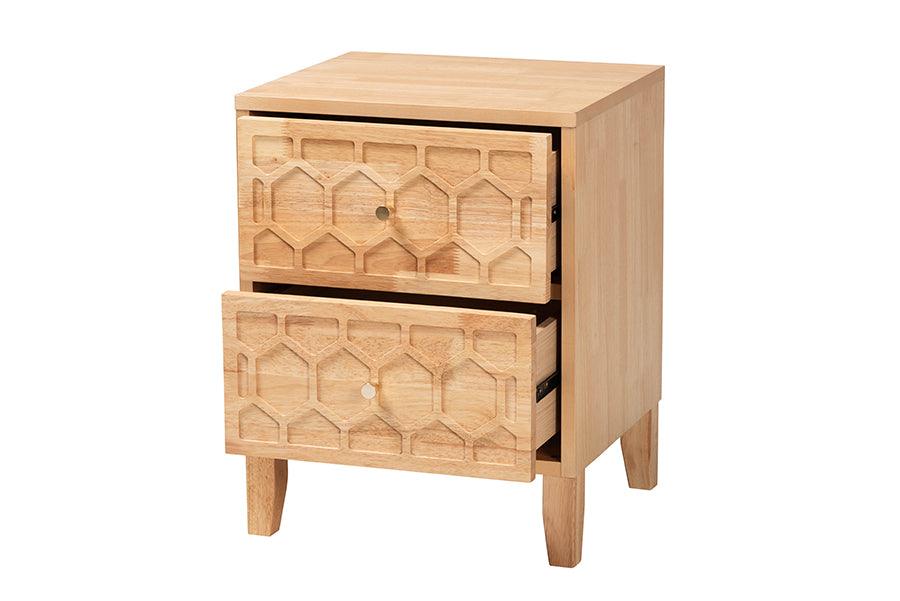 Baxton Studio Hosea Japandi Carved Honeycomb Natural 2-Drawer Nightstand FredCo