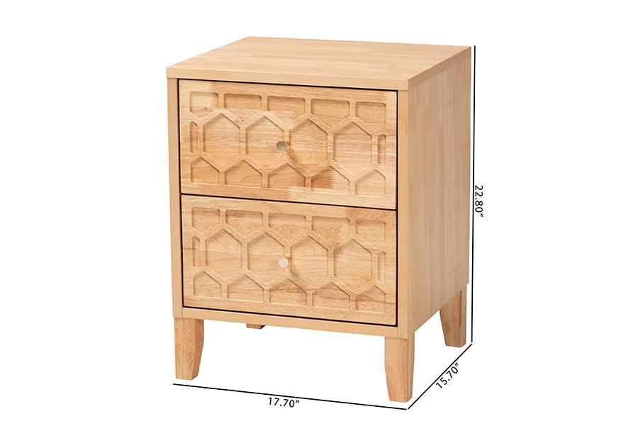 Baxton Studio Hosea Japandi Carved Honeycomb Natural 2-Drawer Nightstand FredCo