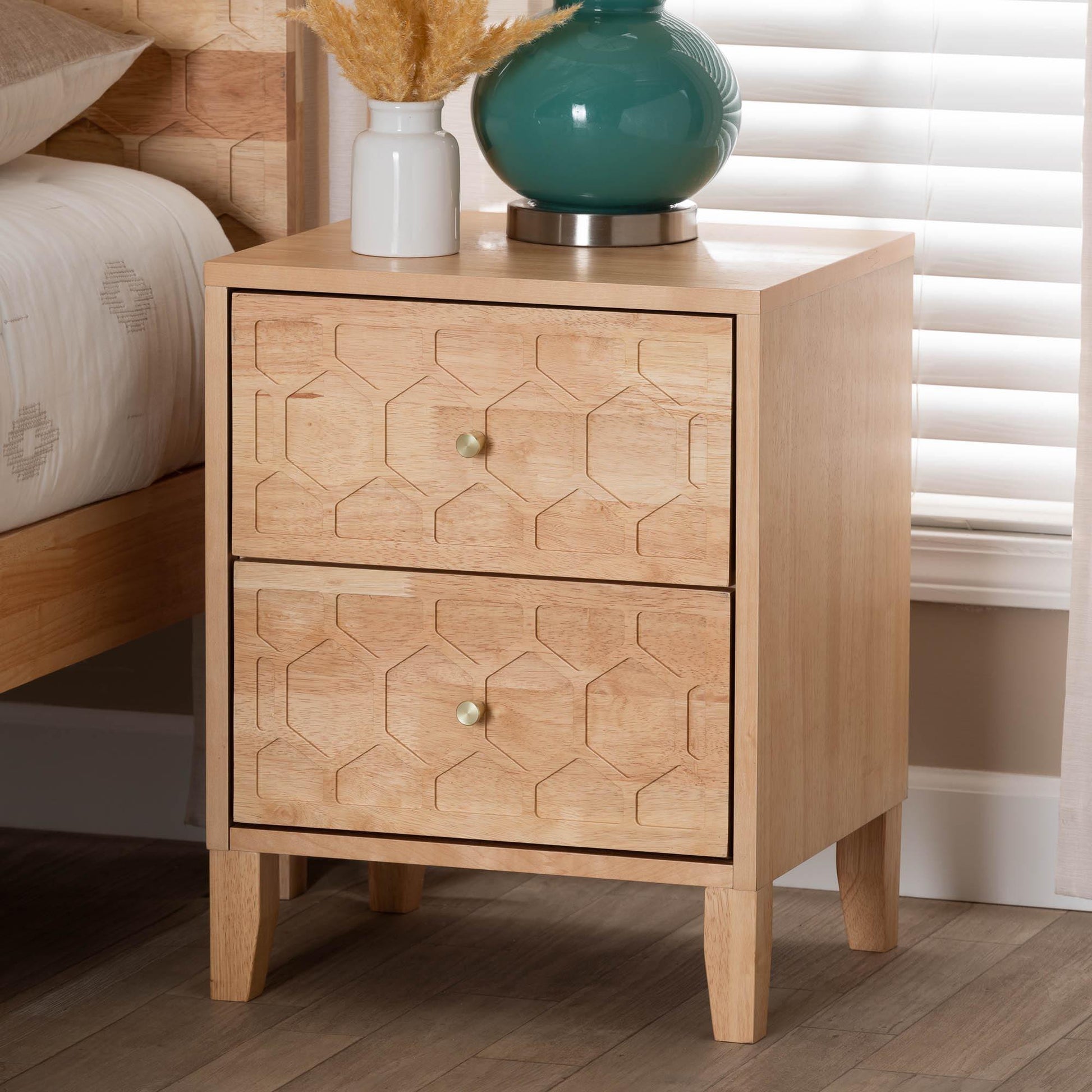 Baxton Studio Hosea Japandi Carved Honeycomb Natural 2-Drawer Nightstand FredCo