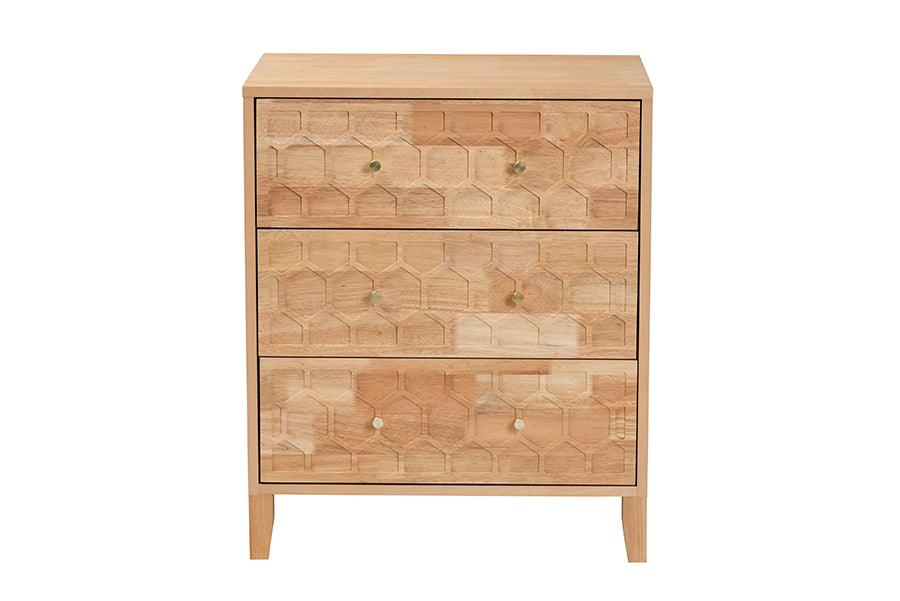 Baxton Studio Hosea Japandi Carved Honeycomb Natural 3-Drawer Chest FredCo