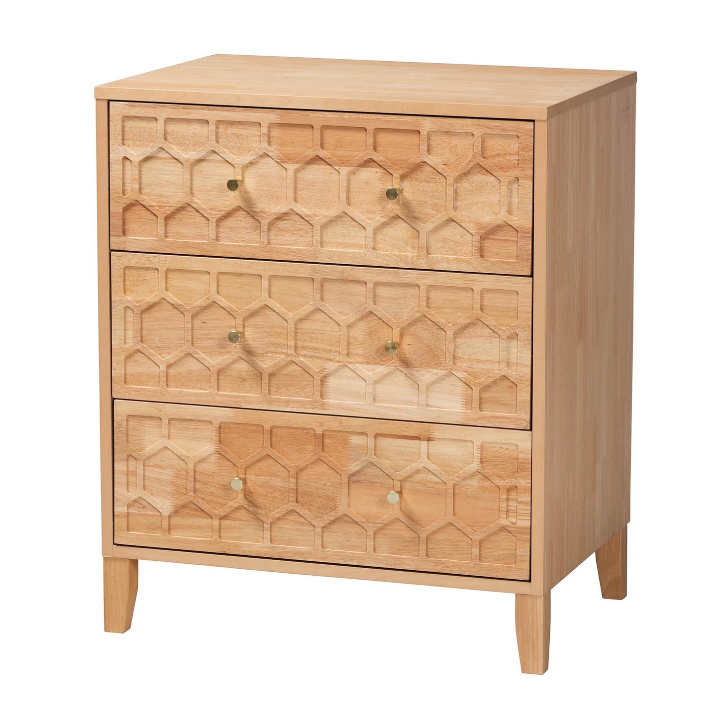 Baxton Studio Hosea Japandi Carved Honeycomb Natural 3-Drawer Chest FredCo