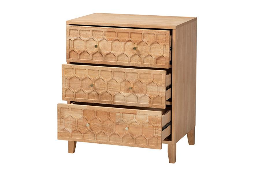 Baxton Studio Hosea Japandi Carved Honeycomb Natural 3-Drawer Chest FredCo