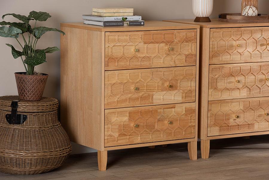 Baxton Studio Hosea Japandi Carved Honeycomb Natural 3-Drawer Chest FredCo