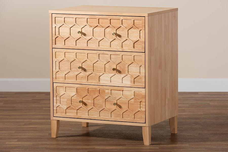 Baxton Studio Hosea Japandi Carved Honeycomb Natural 3-Drawer Chest FredCo